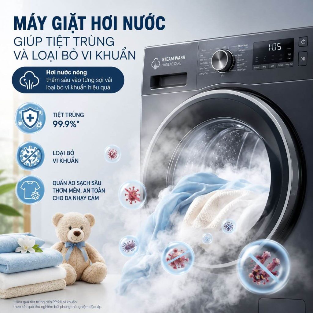 Máy giặt hơi nước có khả năng làm sạch sâu hơn máy giặt thông thường
