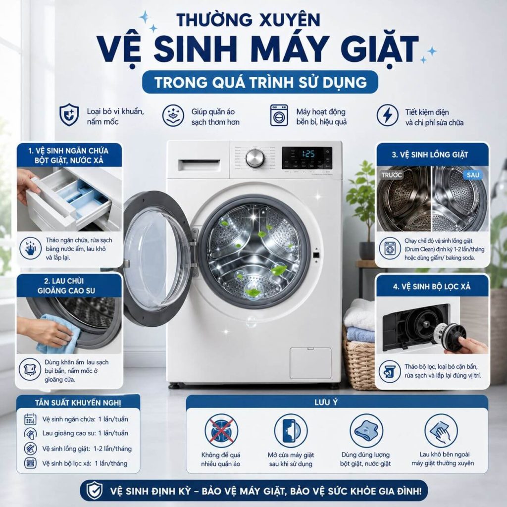 Thường xuyên vệ sinh máy giặt trong quá trình sử dụng