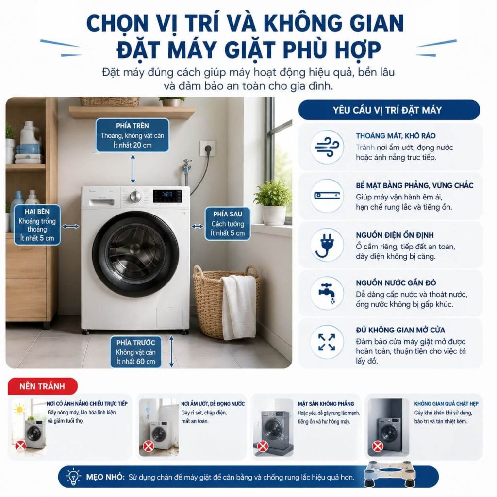 Chọn vị trí và không gian đặt máy giặt phù hợp