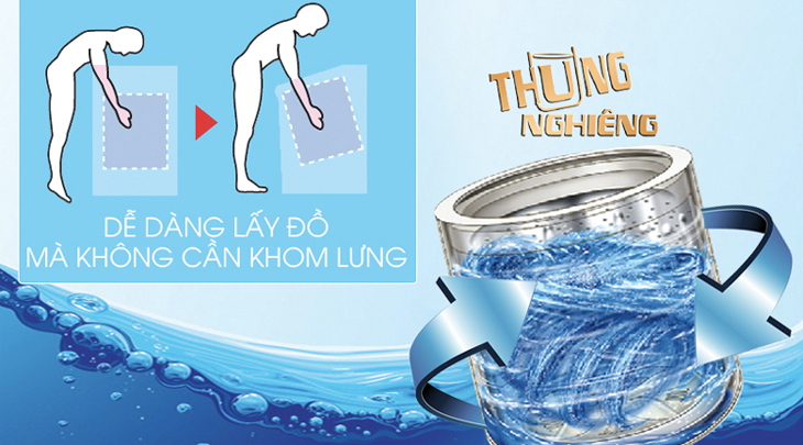 Máy giặt lồng nghiêng giúp tiết kiệm nước lên đến 10% so với máy giặt lồng đứng và dễ dàng lấy đồ mà không cần khom cúi. Máy giặt lồng nghiêng giúp tiết kiệm nước lên đến 10% so với máy giặt lồng đứng và dễ dàng lấy đồ mà không cần khom cúi.