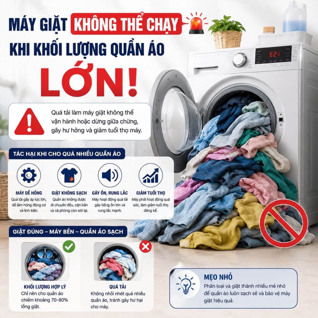 Máy giặt không thể chạy khi khối lượng quần áo lớn

