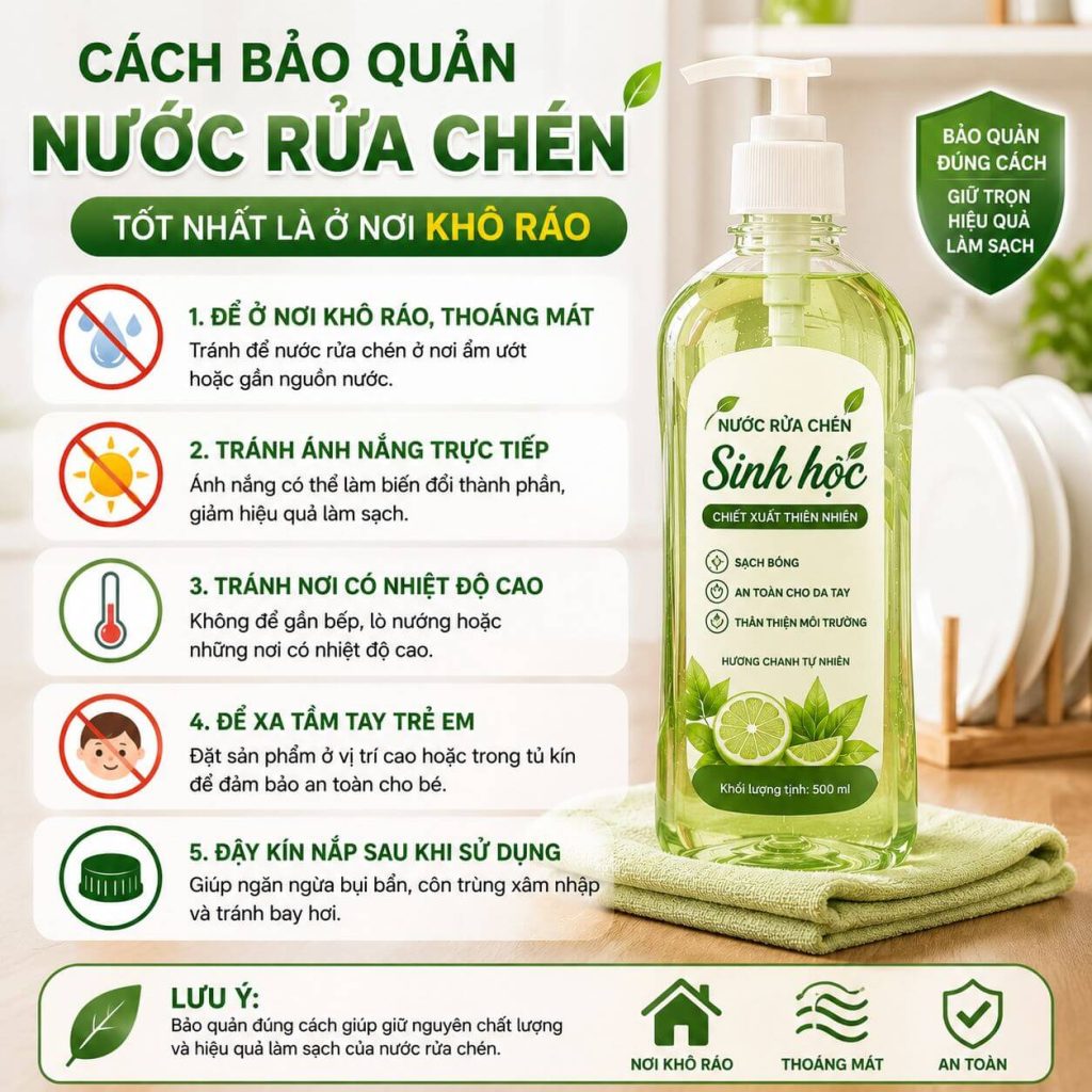 Cách bảo quản nước rửa chén tốt nhất là ở nơi khô ráo