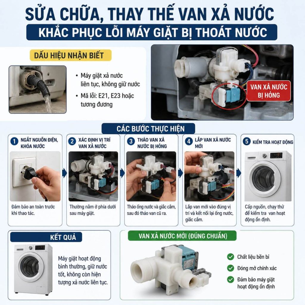 Sửa chữa, thay thế van xả nước nhằm khắc phục lỗi máy giặt bị thoát nước