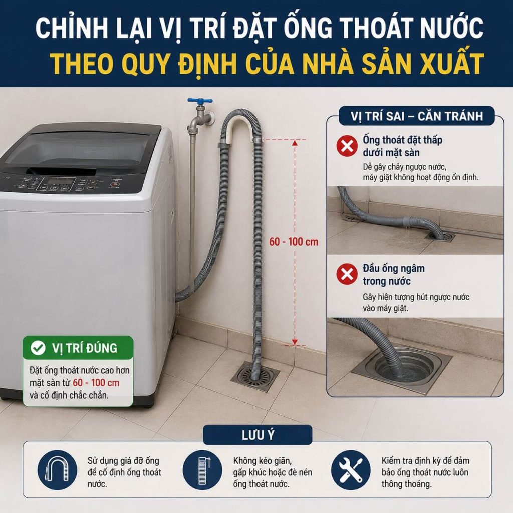 Chỉnh lại vị trí đặt ống thoát nước theo quy định của nhà sản xuất