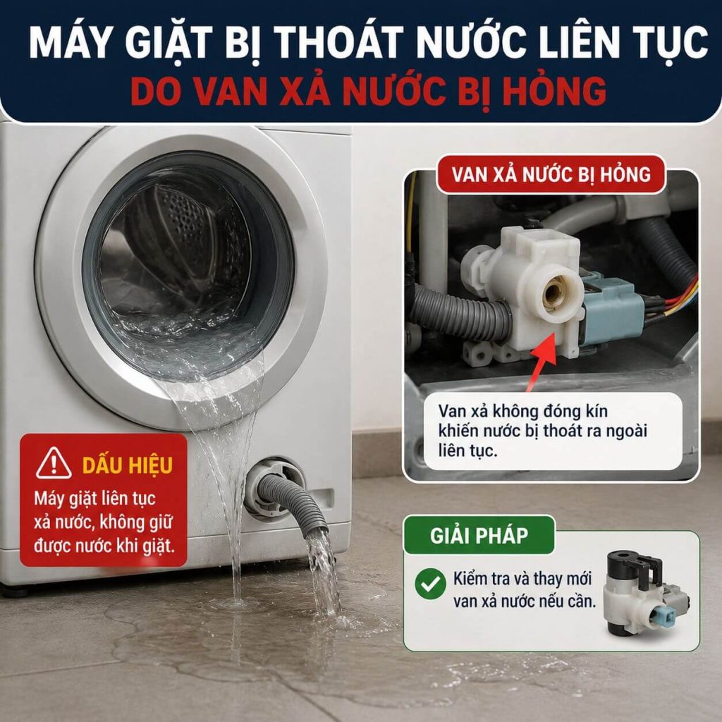 Máy giặt bị thoát nước liên tục do van xả nước bị hỏng