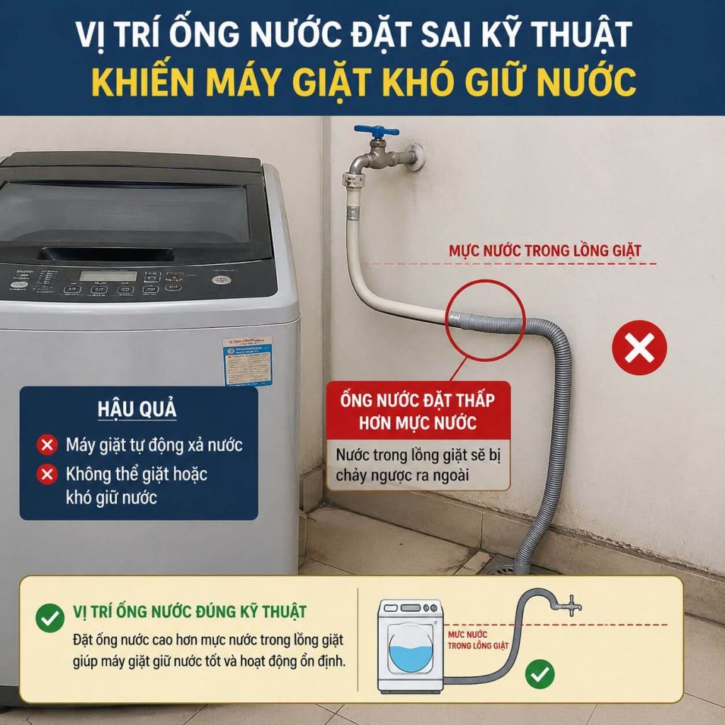 Vị trí ống nước đặt sai kỹ thuật khiến máy giặt khó giữ nước