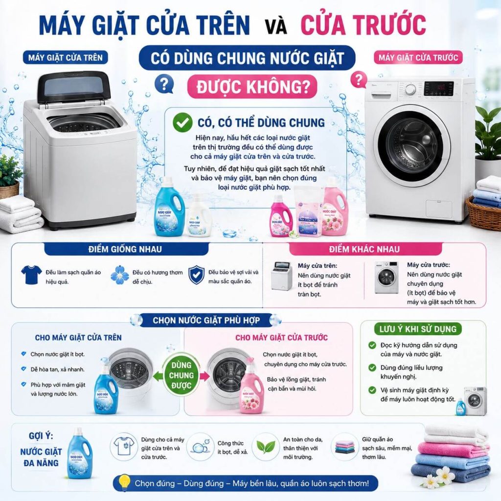 Máy giặt cửa trên và cửa trước có dùng chung nước giặt được không?