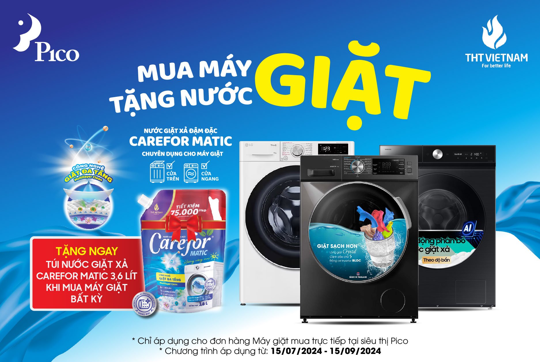 Tặng Nước giặt Carefor Matic khi mua máy giặt tại Điện máy Pico