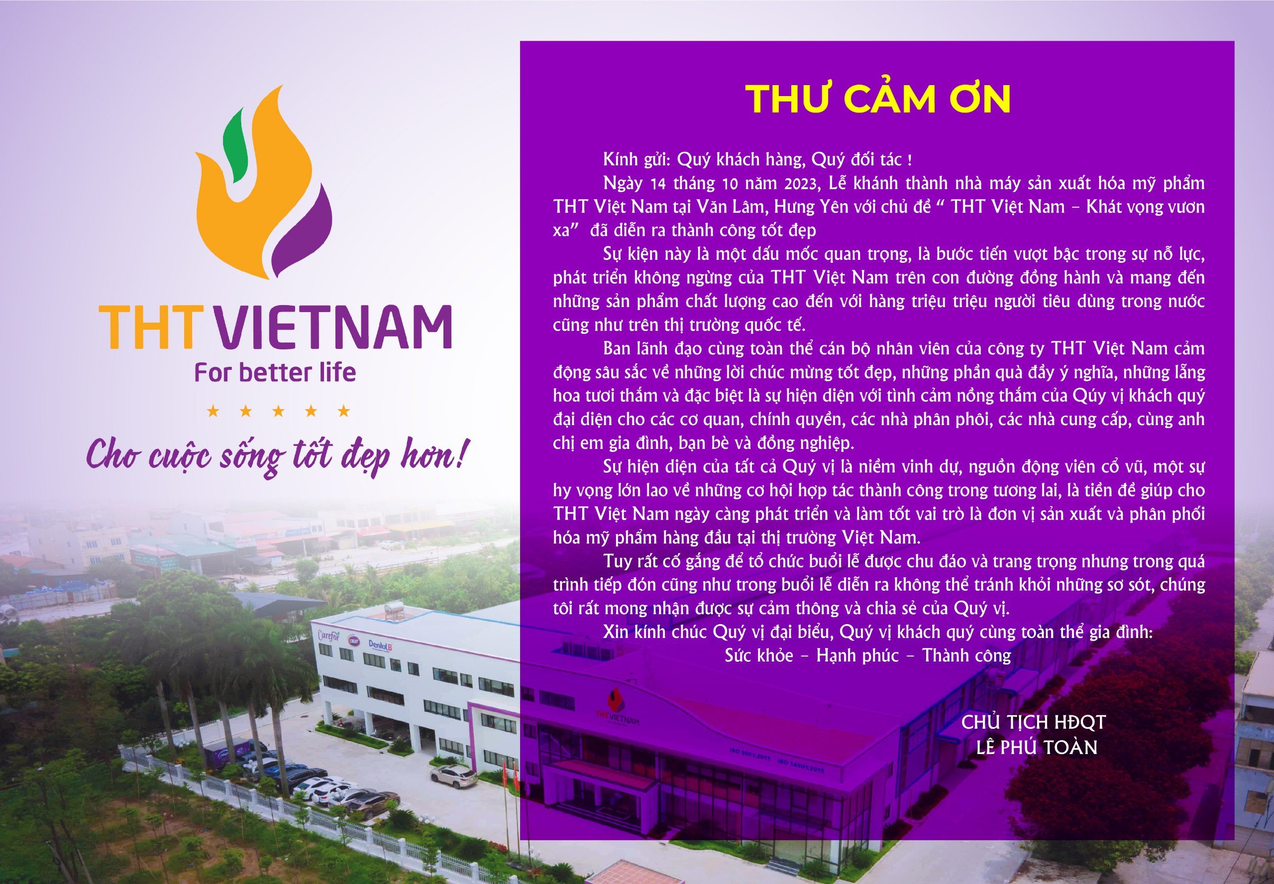 THƯ CẢM ƠN QUÝ KHÁCH THAM DỰ LỄ KHÁNH THÀNH NHÀ MÁY SẢN XUẤT HÓA MỸ PHẨM THT VIỆT NAM