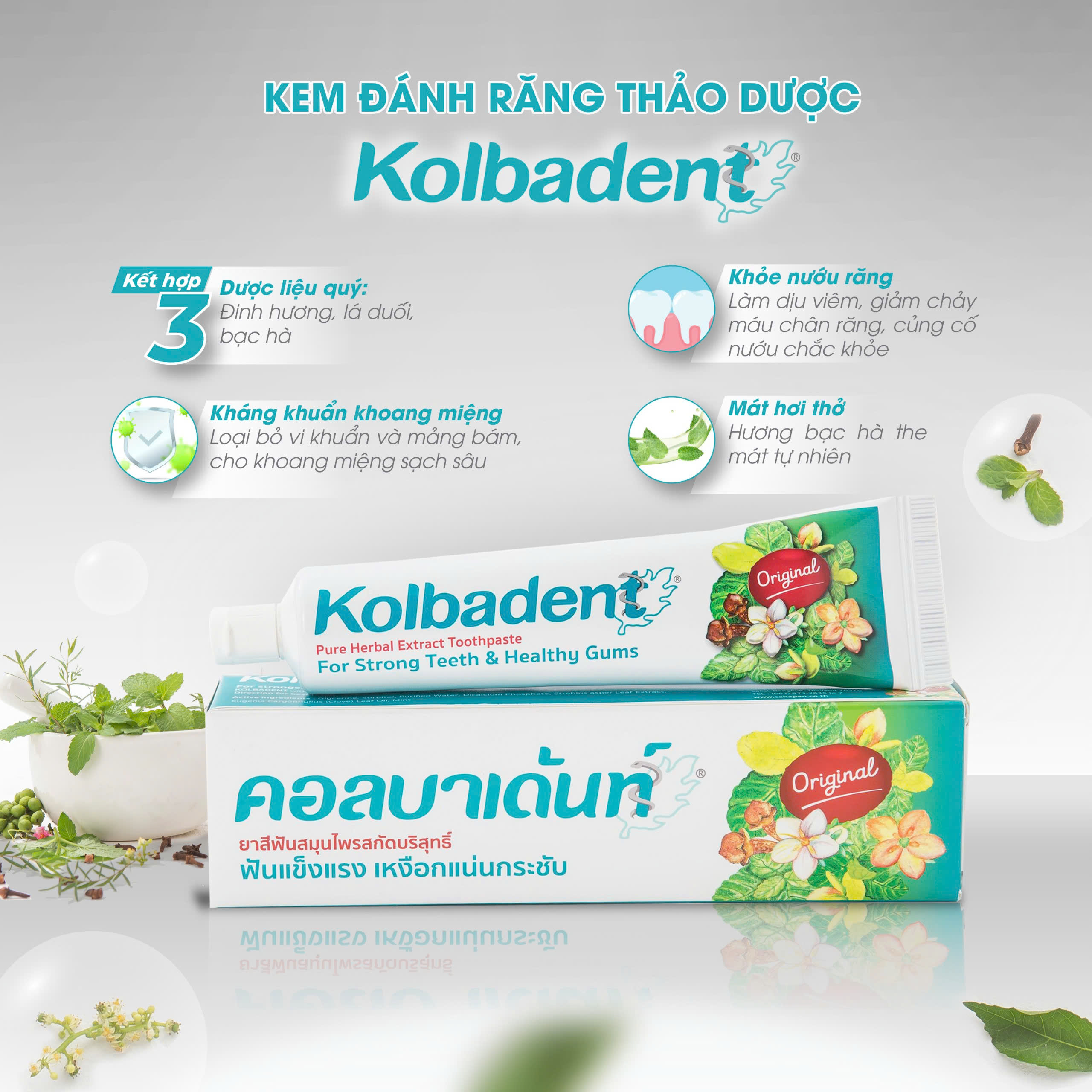 Kem đánh răng thảo dược thuần khiết Kolbadent Thái Lan 100/160 gram