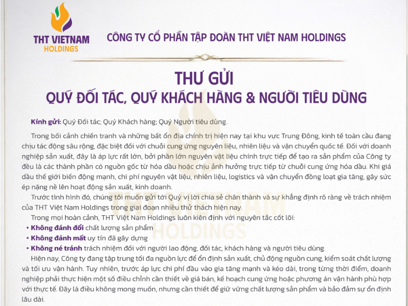 THT VIỆT NAM HOLDINGS: KHẲNG ĐỊNH TRÁCH NHIỆM VÀ CHỮ TÍN TRƯỚC BIẾN ĐỘNG THỊ TRƯỜNG TOÀN CẦU
