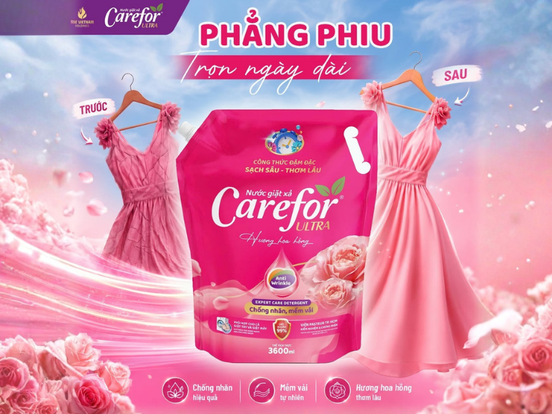 Carefor Ultra hồng – Giải pháp giữ quần áo mềm mại, phẳng phiu và thơm lâu mỗi ngày