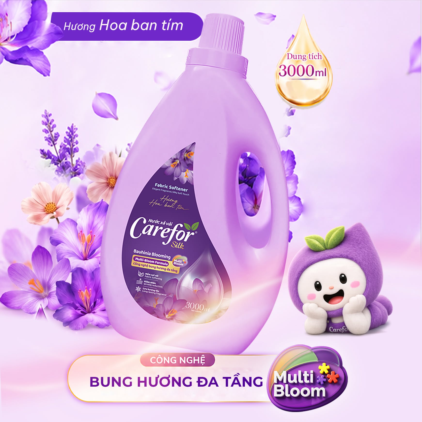 Nước xả vải Carefor Silk hương Hoa ban tím 3000ml